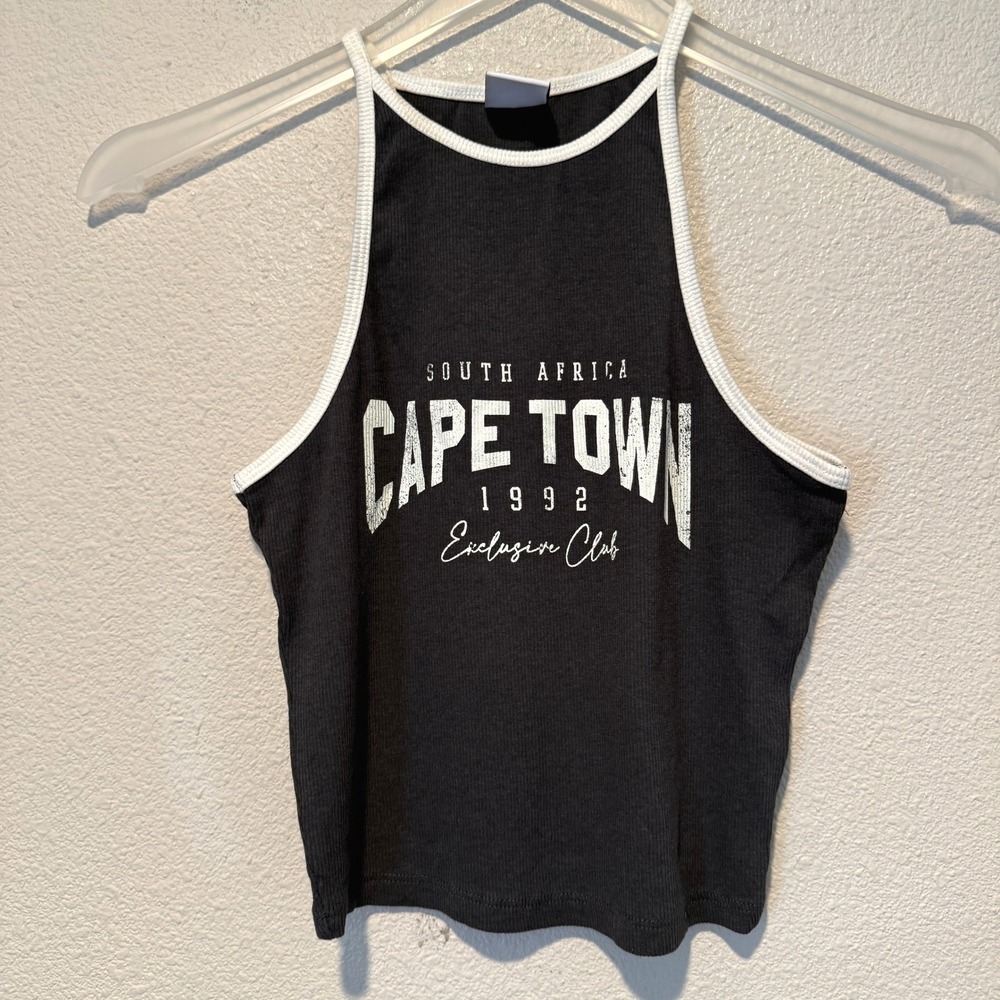 Bershka Womens Cape Town 1992 Ringer Halter Crop Top Black White‎ Ribbed Size M